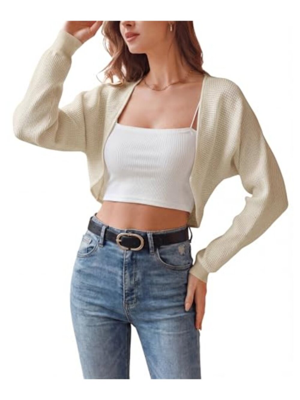 100% Cotton Cropped Cardigan Sweater Women's Shrug V-Neck Button Loose Fit
